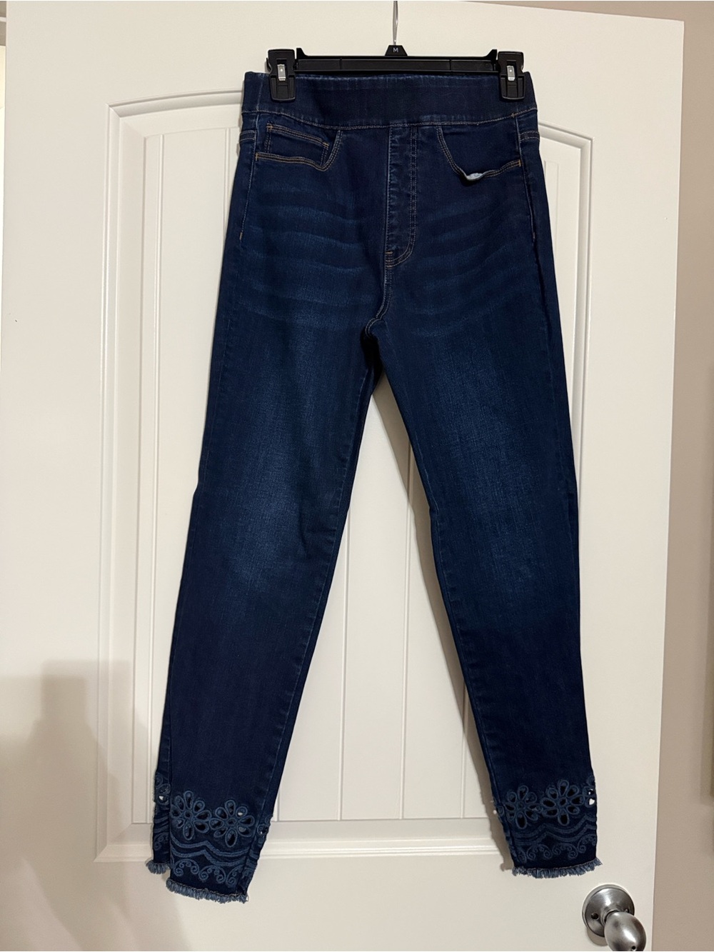 Soft Surroundings Indigo Slim Straight Jeans with Embroidered Cuffs